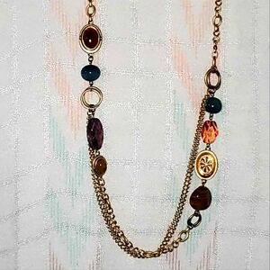 40" Long Chunky Flapper Style Gold Tone Link Chain Gems & Jeweled Necklace